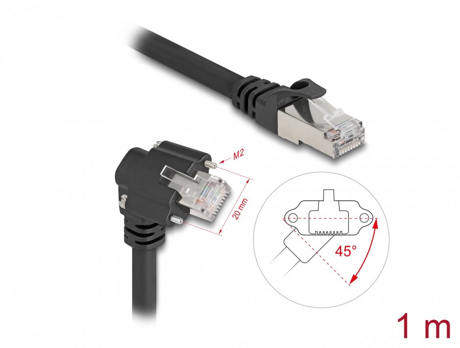 Imagine Cablu de retea RJ45 Cat.6 SFTP drept/unghi cu suruburi 1m Negru, Delock 80917