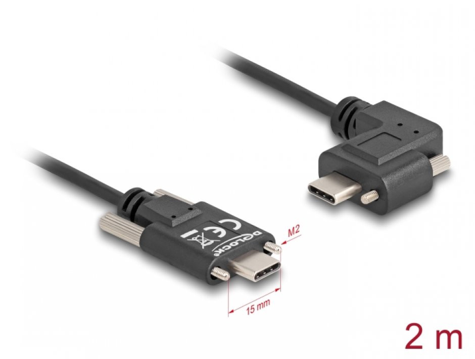 Imagine Cablu cu suruburi USB 2.0 type C drept/unghi stanga/dreapta T-T 60W 2m, Delock 80957