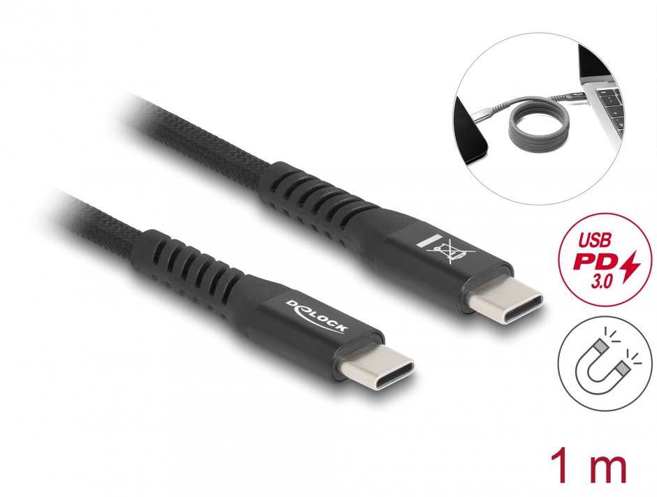 Imagine Cablu USB 2.0 Type C cu invelis magnetic PD 3.0/60W 1m Negru, Delock 81119