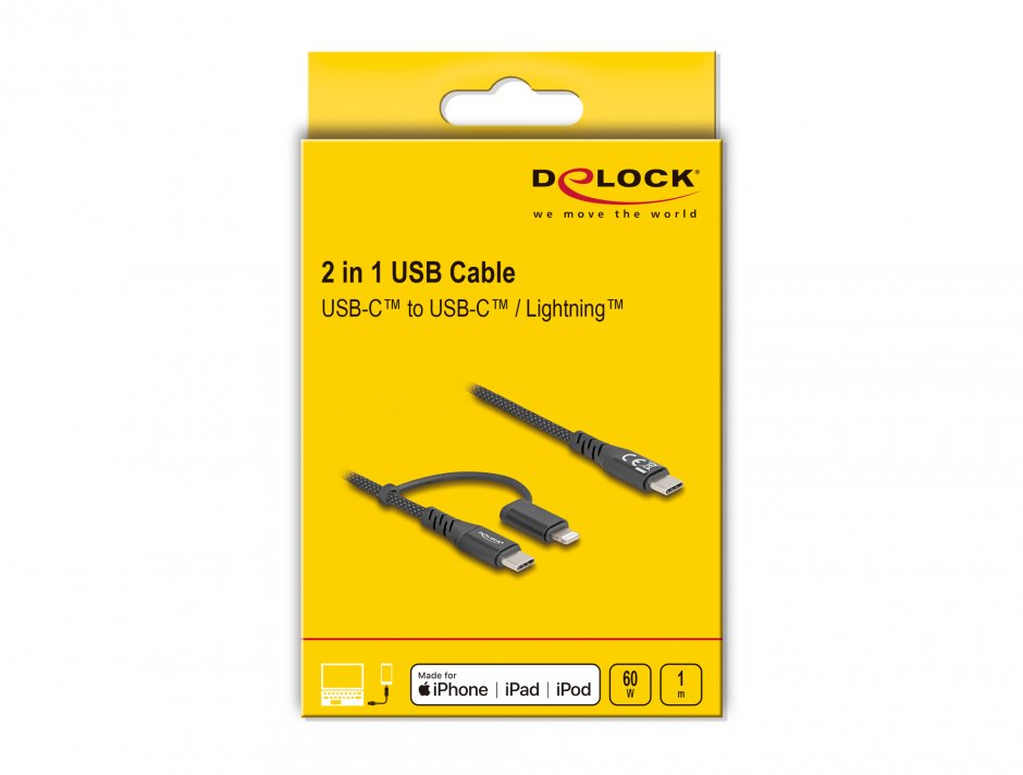 Imagine Cablu 2 in 1 USB Type C la USB Type-C / Lightning iPhone/iPad MFi 60W 1m, Delock 81170