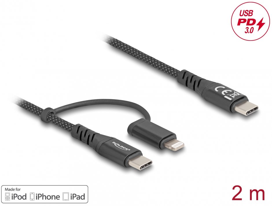 Imagine Cablu 2 in 1 USB Type C la USB Type-C / Lightning iPhone/iPad MFi 60W 2m, Delock 81171