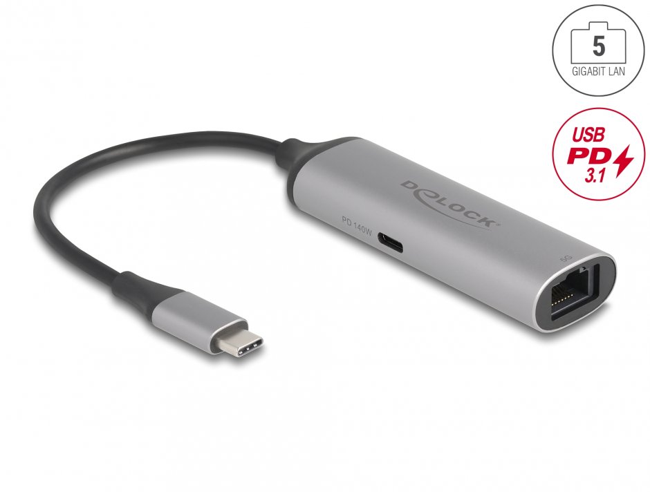 Imagine Adaptor USB type C la 5 Gigabit LAN RJ45 + PD 3.1 140W, Delock 81591