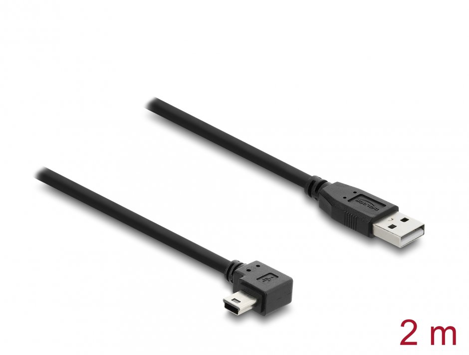 Imagine Cablu USB-A 2.0 la mini USB drept/unghi 90 grade T-T 2m Negru, Delock 81652