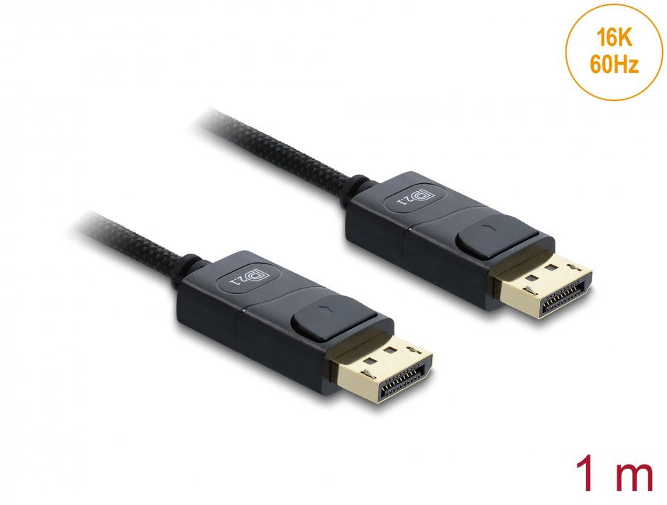 Imagine Cablu Coaxial DisplayPort 16K60Hz/8K120Hz/4K240Hz 80Gbps brodat 1m Negru, Delock 81671