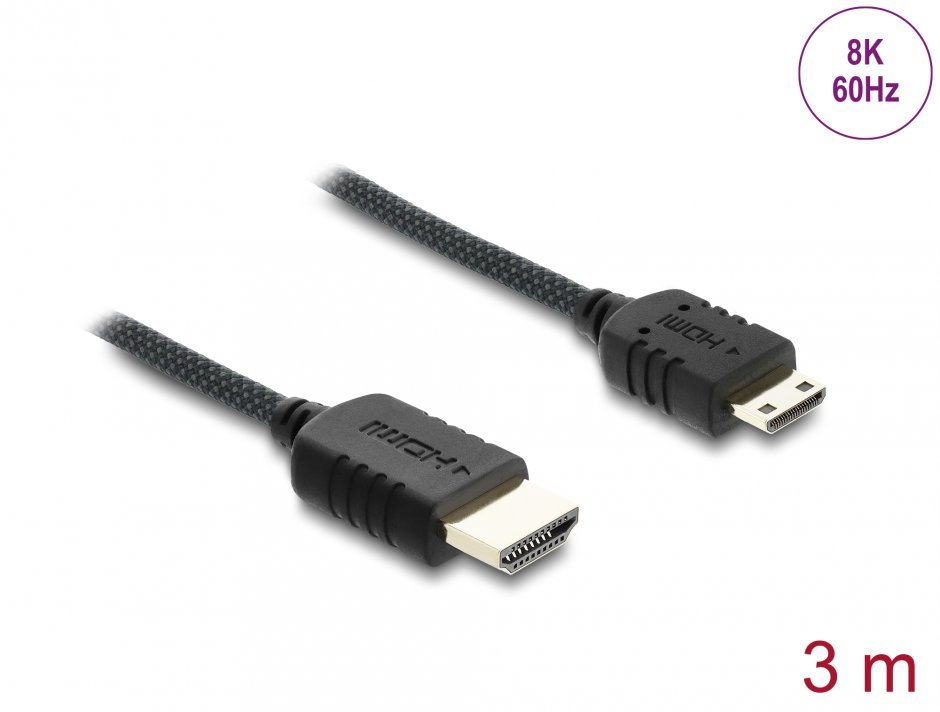 Imagine Cablu Coaxial High Speed HDMI la mini-C HDMI 8K60Hz/4K240Hz brodat 3m Negru, Delock 81689