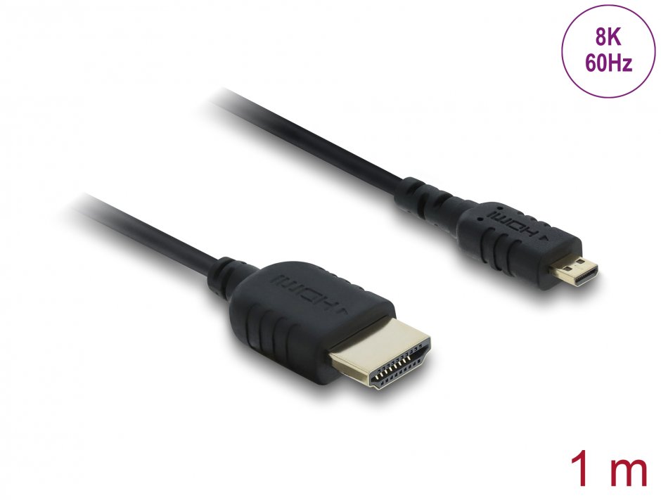 Imagine Cablu Coaxial High Speed HDMI la micro-D HDMI 8K60Hz/4K240Hz 1m Negru, Delock 81690
