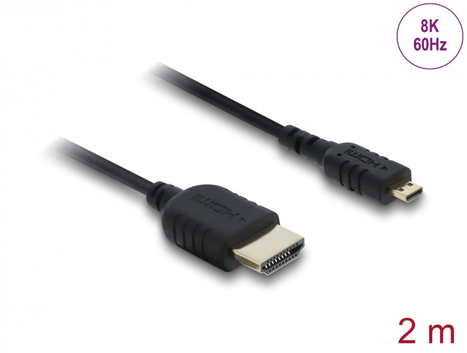 Imagine Cablu Coaxial High Speed HDMI la micro-D HDMI 8K60Hz/4K240Hz 2m Negru, Delock 81691