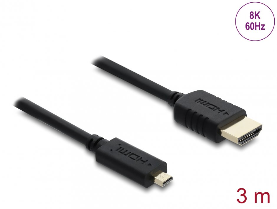 Imagine Cablu Coaxial High Speed HDMI la micro-D HDMI 8K60Hz/4K240Hz 3m Negru, Delock 81692