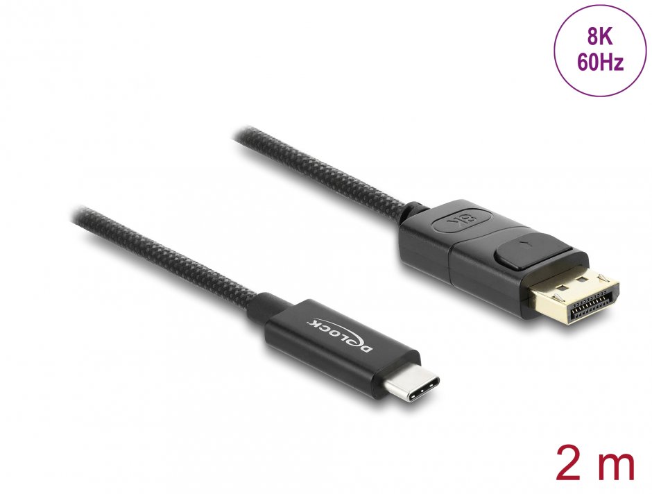 Imagine Cablu Coaxial USB Type C la DisplayPort (DP Alt Mode) 4K60Hz brodat 2m Negru, Delock 81702
