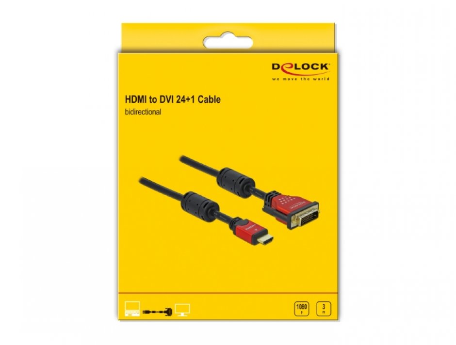 Imagine Cablu HDMI la DVI-D Dual Link 24+1 pini T-T Premium 3m, Delock 84343