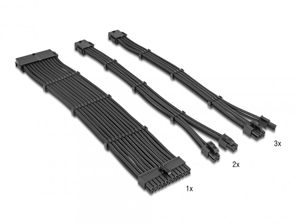 Imagine Set 5 prelungitoare alimentare PSU 24 pini ATX/2 x 4+4 pini EPS/3 x 6+2 pini PCIe brodat 30cm Negru, Delock 84541