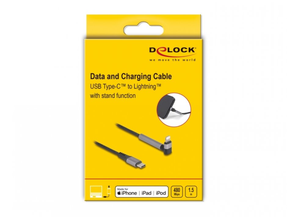 Imagine Cablu USB type C la iPhone Lightning drept/unghi MFI T-T 1.5m cu functie de stand, Delock 85405