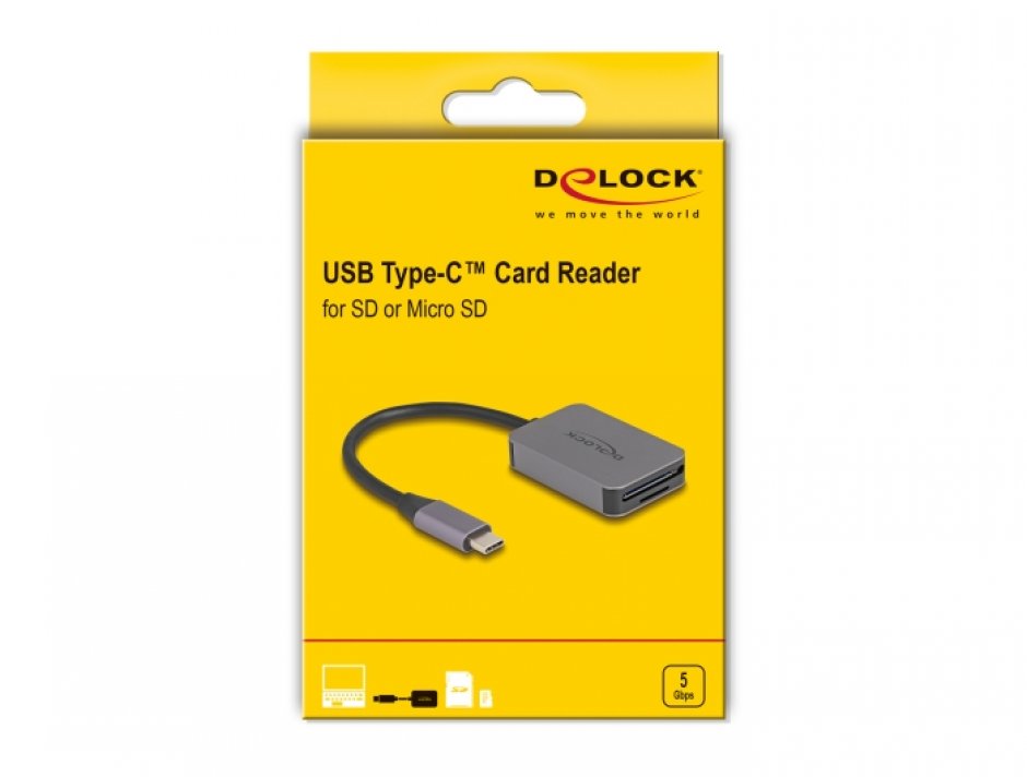 Imagine Cititor de carduri USB type C la SD/Micro SD Aluminiu, Delock 91009