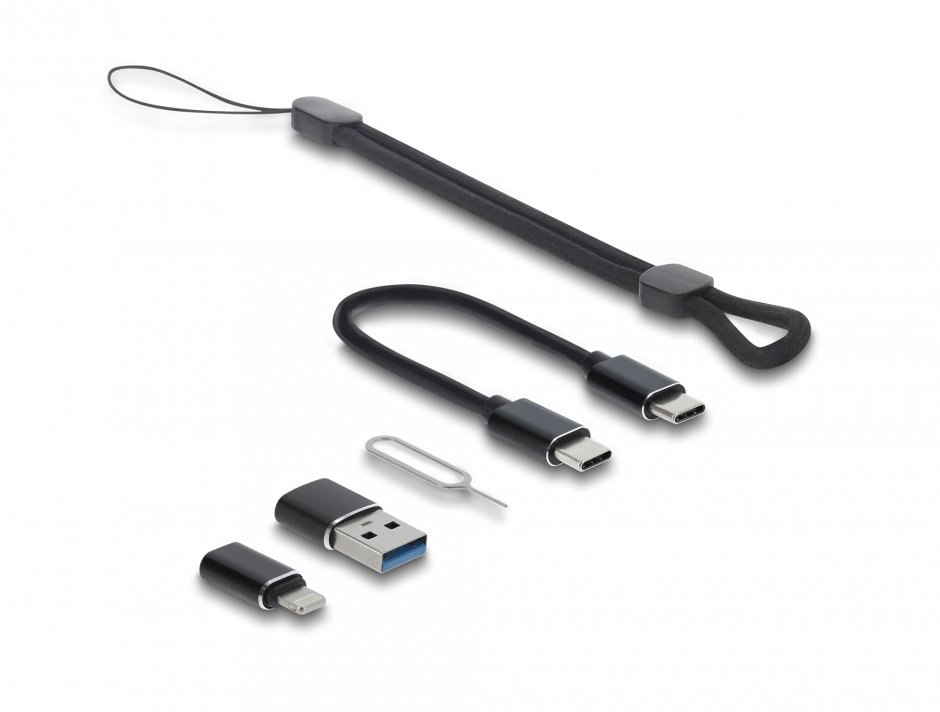 Imagine Cititor de carduri USB 5 Gbps cu slot SD/Micro SD + adaptoare + spatii depozitare card, Delock 91018