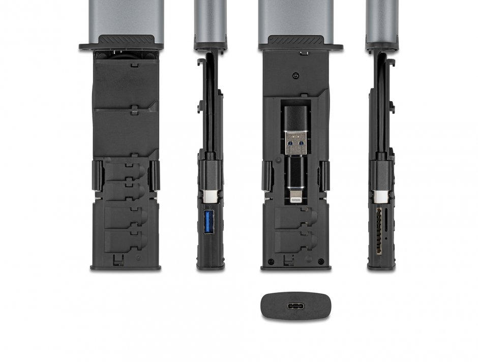 Imagine Cititor de carduri USB 5 Gbps cu slot SD/Micro SD + adaptoare + spatii depozitare card, Delock 91018