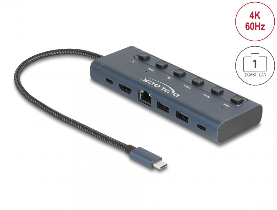 Imagine Docking Station USB type C la HDMI 4K60Hz / 2 x USB-A / 1 x USB-C / Gigabit LAN / PD 3.0 90W, Delock 92000