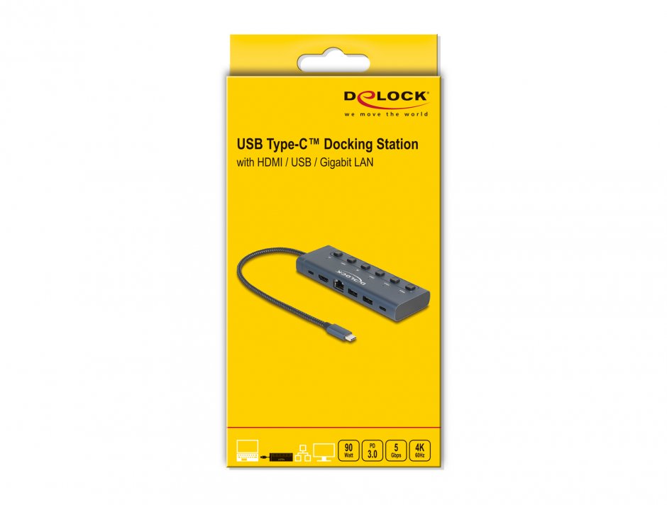 Imagine Docking Station USB type C la HDMI 4K60Hz / 2 x USB-A / 1 x USB-C / Gigabit LAN / PD 3.0 90W, Delock 92000