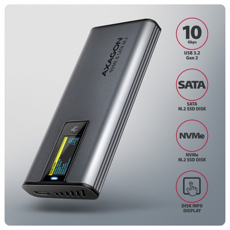 Imagine Rack extern USB type C 10Gbps la M.2 NVMe & SATA SSD, Axagon EEM2-SD2