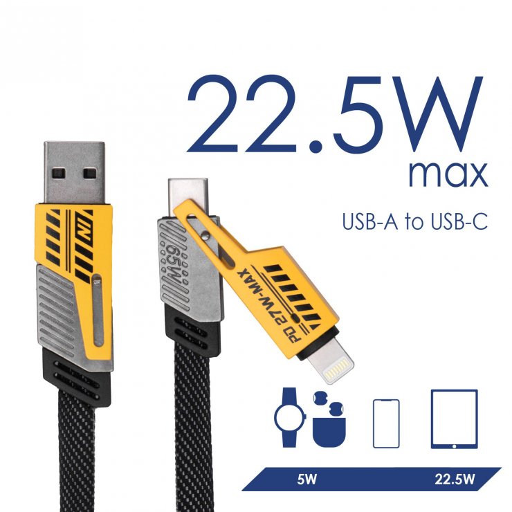 Imagine Cablu 4 in 1 USB-A + USB type C la USB type C + Lightning 65W brodat 1m, Akyga AK-USB-57