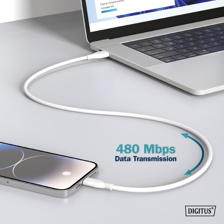 Imagine Cablu USB-A 2.0 la USB type C 60W 2m Alb, Digitus AK-300340-020-W