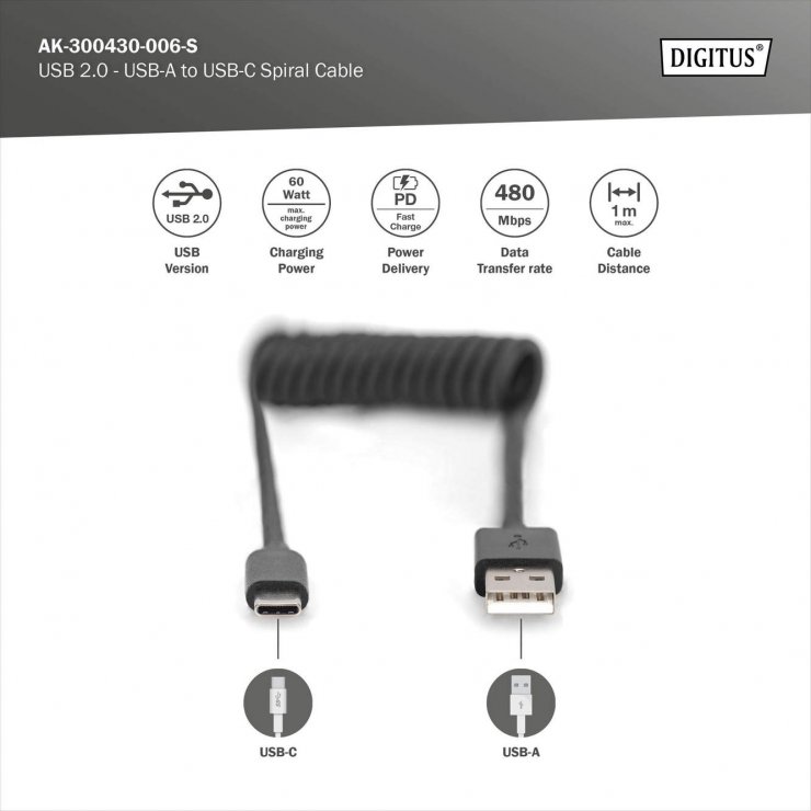 Imagine Cablu spiralat USB-A 2.0 la USB type C 60W 0.3m - 1m Negru, Digitus AK-300430-006-S