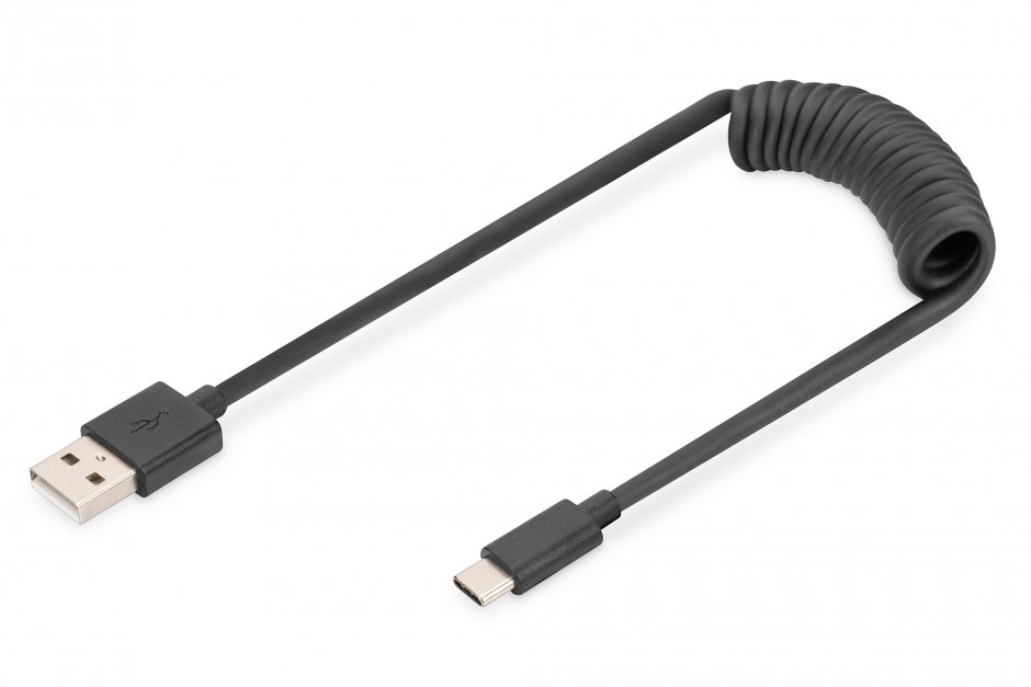 Imagine Cablu spiralat USB-A 2.0 la USB type C 60W 0.3m - 1m Negru, Digitus AK-300430-006-S