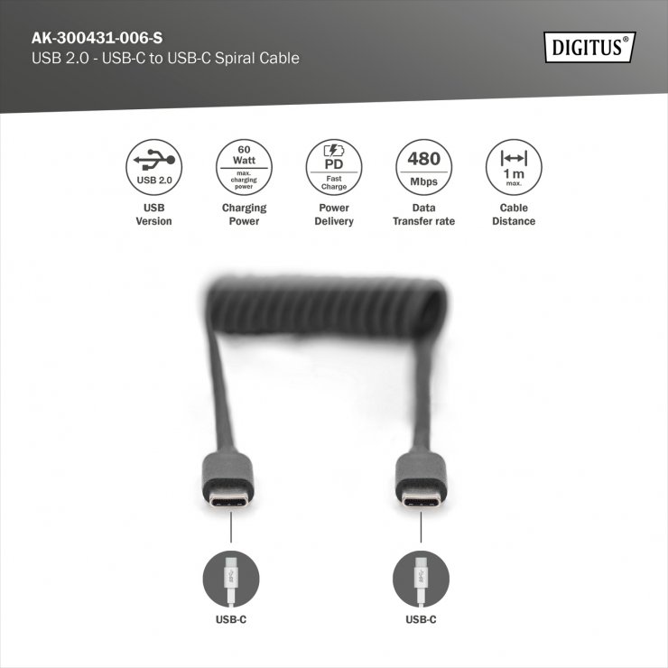 Imagine Cablu spiralat USB 2.0 type C 60W 1m Negru, Digitus AK-300431-006-S