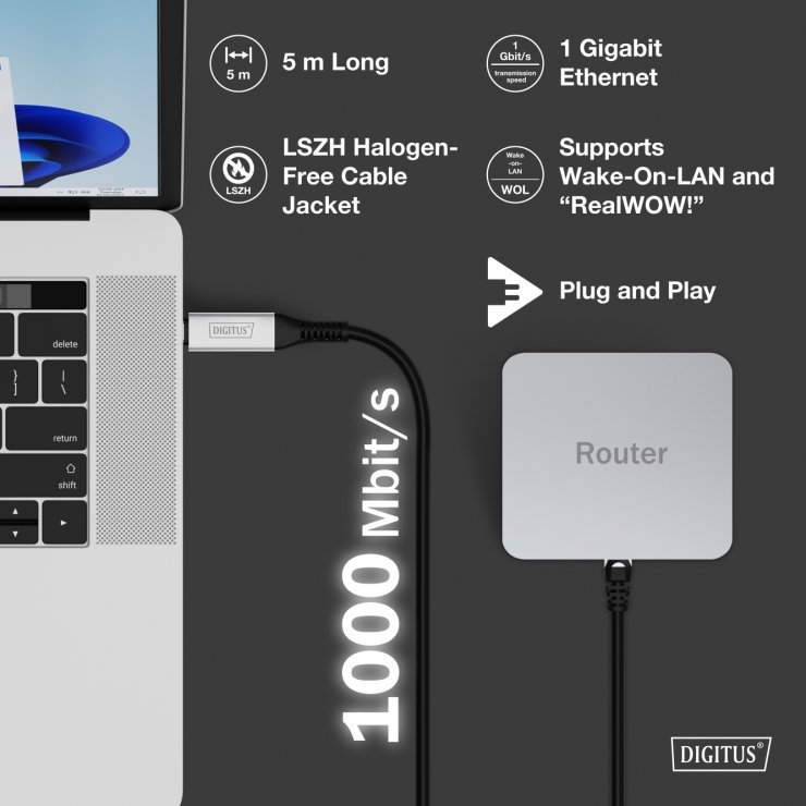 Imagine Cablu de retea USB 3.2 type C la RJ45 CAT 6A S/FTP LSOH 5m, Digitus AK-300601-050-S