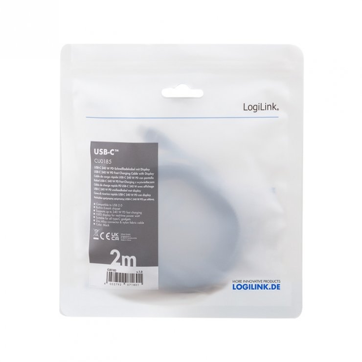 Imagine Cablu USB 2.0 type C T-T E-mark 240W 2m Negru, Logilink CU0185
