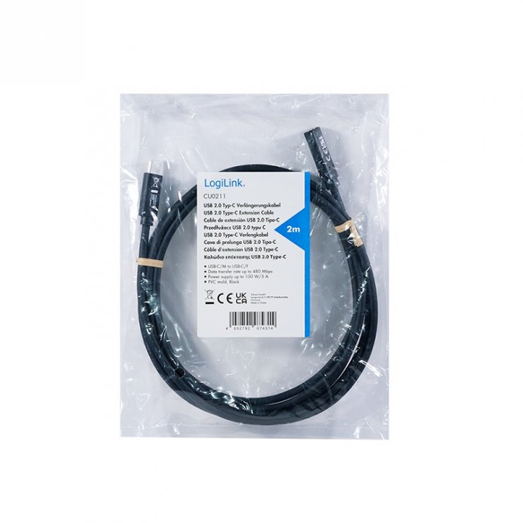 Imagine Cablu prelungitor USB 2.0 type C 60W T-M Negru 2m, Logilink CU0211