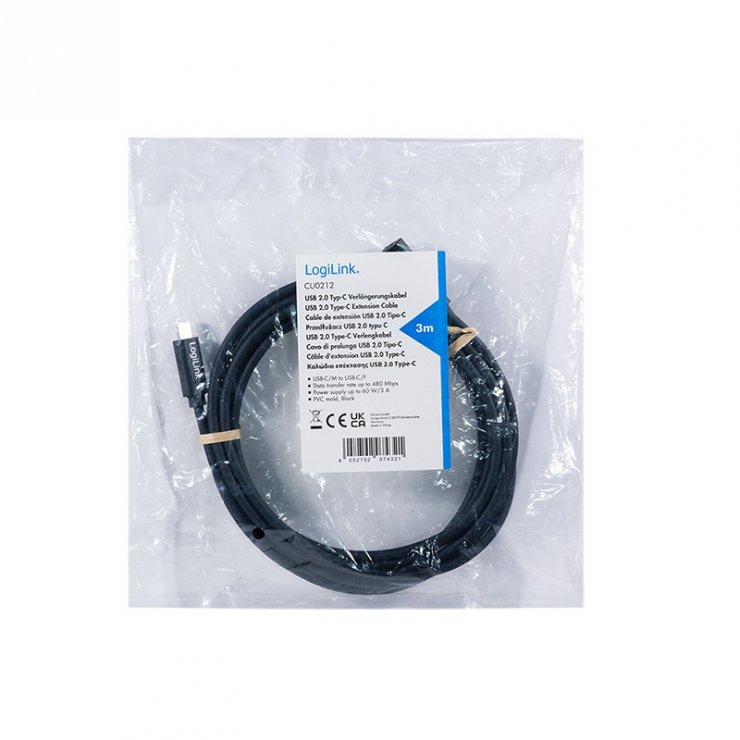 Imagine Cablu prelungitor USB 2.0 type C 60W T-M Negru 3m, Logilink CU0212
