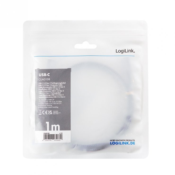 Imagine Cablu prelungitor USB 3.2 Gen2 type C 100W T-M brodat 1m, Logilink CUA0108