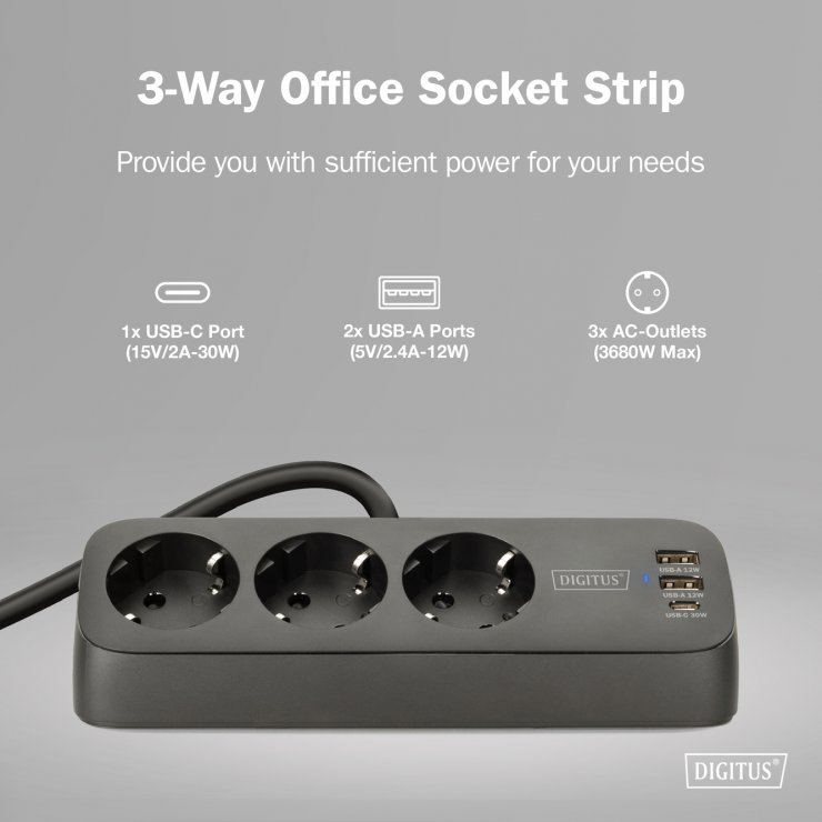 Imagine Prelungitor cu 3 x Schuko + 2 x USB-A + 1 x USB-C cu montare birou Negru 1.5m, Digitus DA-70625