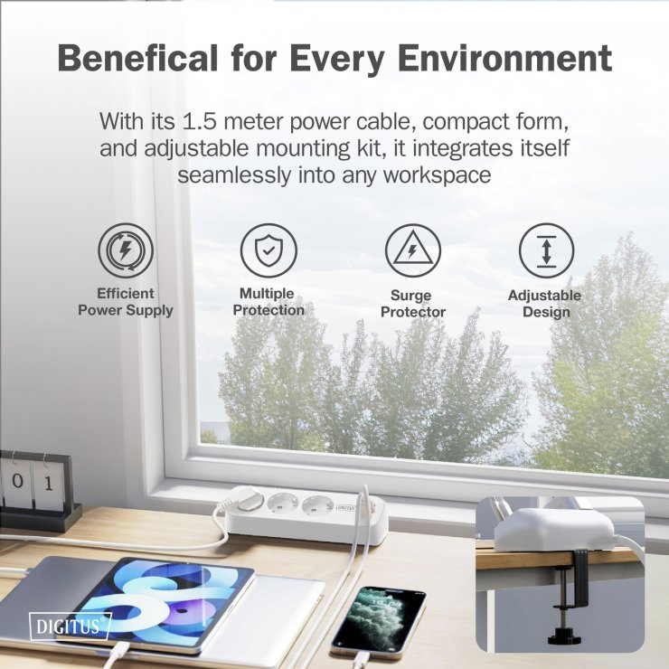 Imagine Prelungitor cu 3 x Schuko + 2 x USB-A + 1 x USB-C cu montare birou Alb 1.5m, Digitus DA-70626