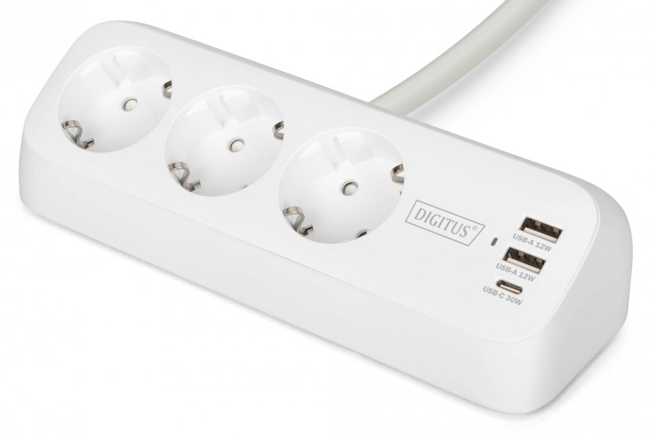 Imagine Prelungitor cu 3 x Schuko + 2 x USB-A + 1 x USB-C cu montare birou Alb 1.5m, Digitus DA-70626