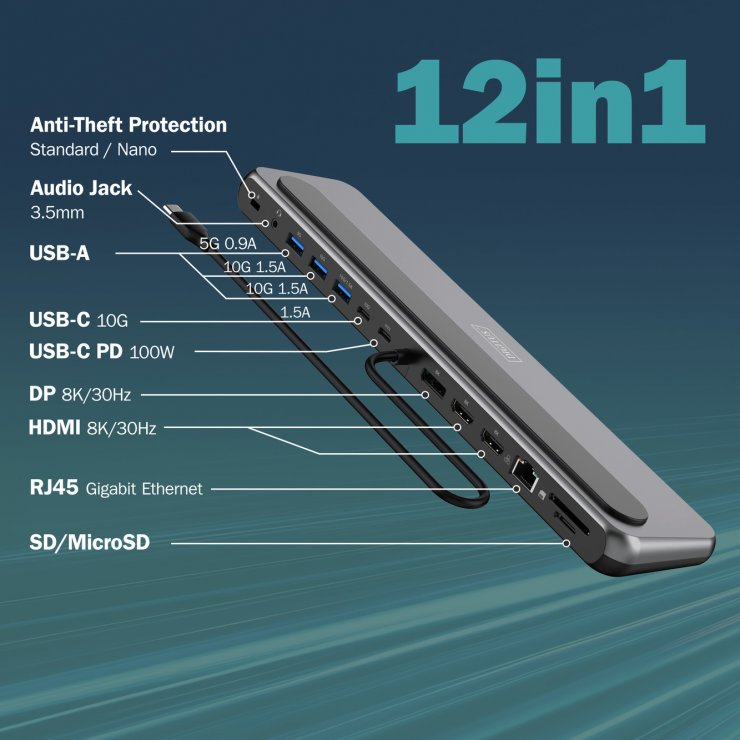 Imagine Docking station USB type C la 2 x HDMI/Displayport 8K30Hz/3xUSB-A/1xUSB type C/Gigabit LAN/micro SD+SD/jack 3.5mm + PD 100W, Digitus DA-70919