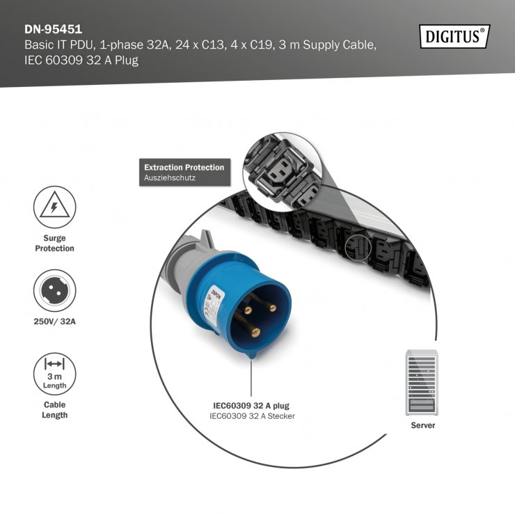 Imagine Prelungitor PDU IEC 60309 32A la 24 x C13 + 4 x C19 3m, Digitus DN-95451