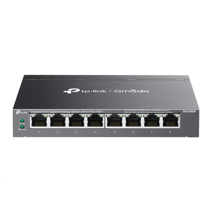 Imagine Switch 8 porturi Gigabit Unmanaged Omada (din care 8 x PoE+), TP-LINK DS108GP