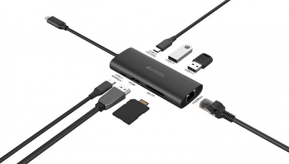 Imagine Docking station USB type C la HDMI 4K30Hz + 2 x USB-A + 2 x USB type C + LAN + SD PD 100W, A4TECH DST-80C-GR