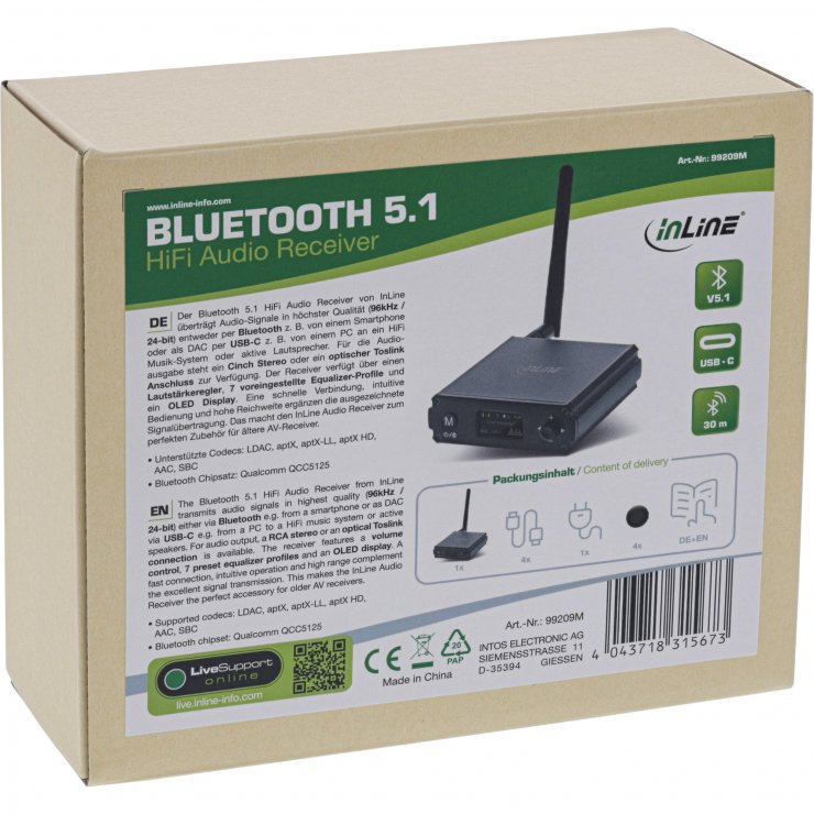 Imagine Bluetooth 5.1 HiFi Receiver & USB DAC cu LCD, InLine IL99209M