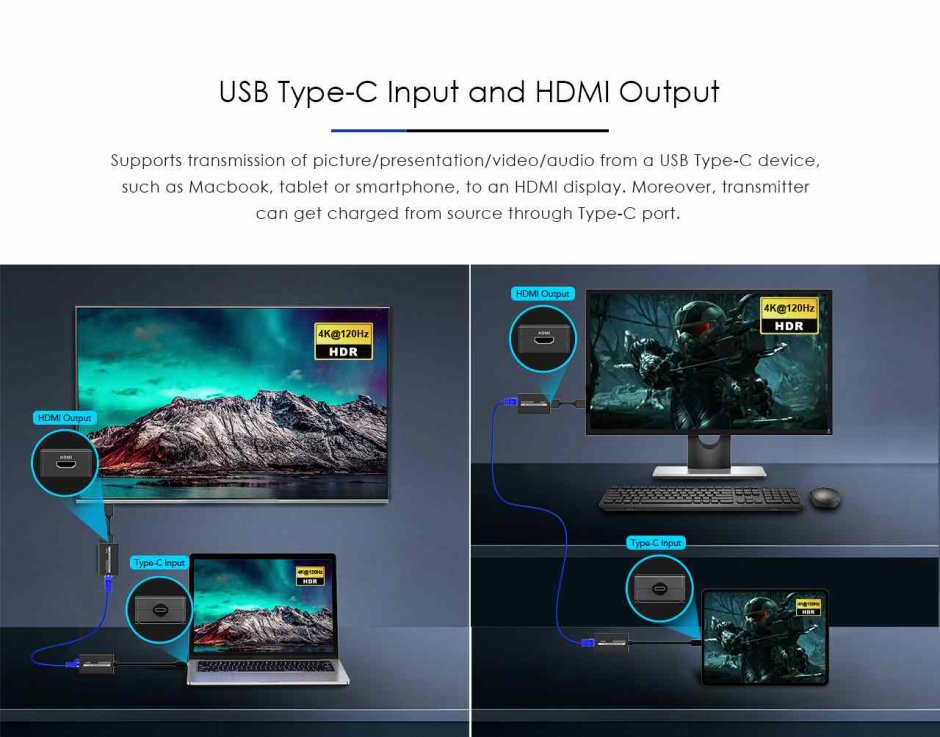 Imagine Extender USB type C la HDMI via Cat5e/6/6a 4K@60Hz max. 60m, khext60-11