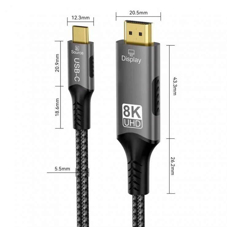 Imagine Cablu USB type C la HDMI 8K60Hz/4K144Hz brodat 2m, ku31hdmi27
