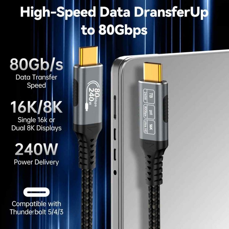 Imagine Cablu USB 4 type C 16K60Hz/4K120hz 240W drept/unghi 90 grade 1m, ku4cb10