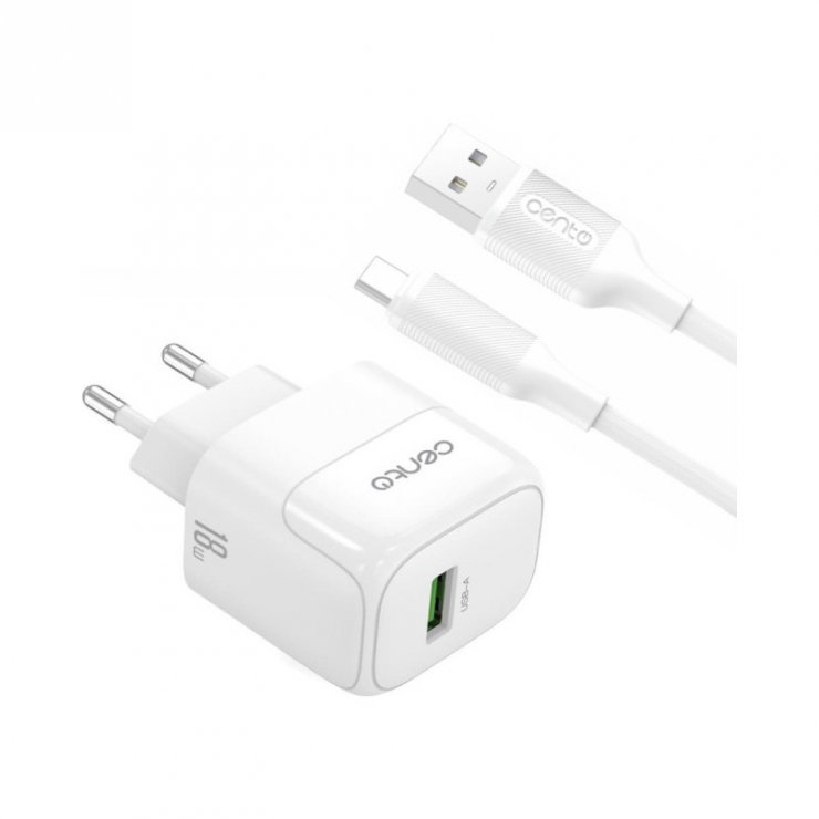 Imagine Incarcator priza 1 x USB-A 18W + cablu USB type C Alb, CENTO P211