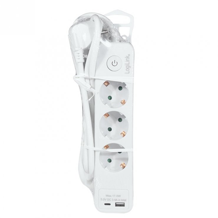 Imagine Prelungitor cu 3 x Schuko 1 x USB-A + 1 x USB-C 1.5m, Logilink LPS279U