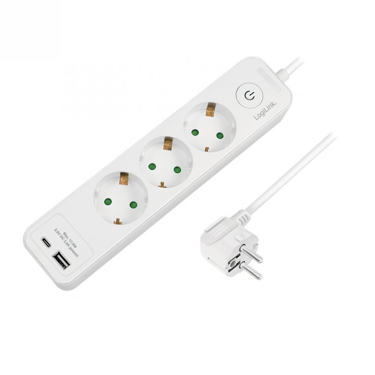 Imagine Prelungitor cu 3 x Schuko 1 x USB-A + 1 x USB-C 1.5m, Logilink LPS279U