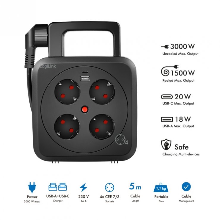 Imagine Prelungitor/tambur cu 4 x Schuko + 1 x USB-A + 1 x USB-C 5m Negru, Logilink LPS504