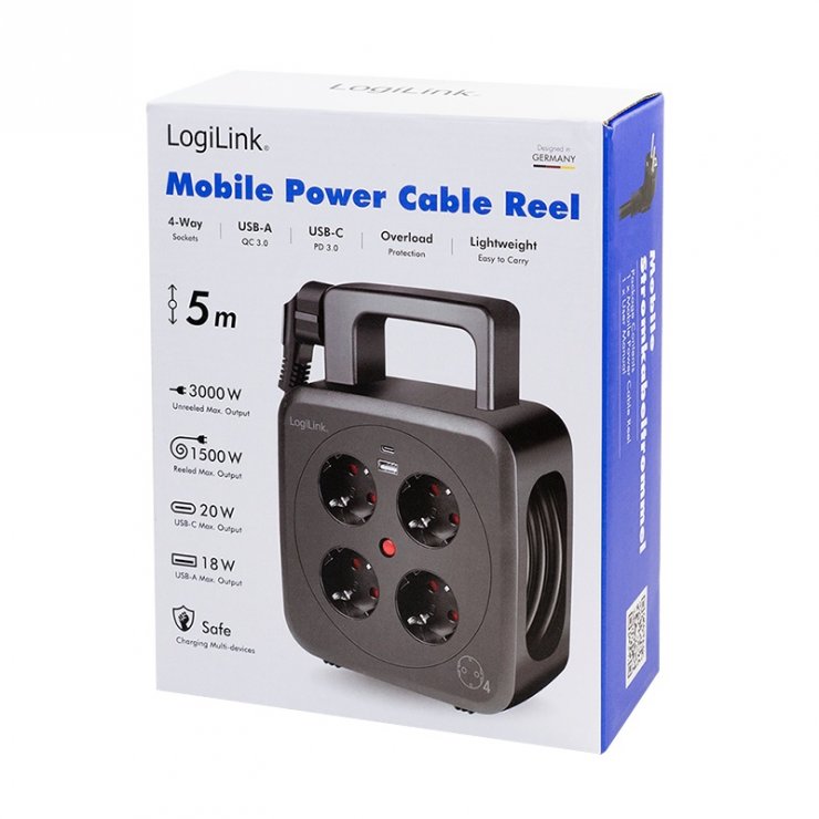 Imagine Prelungitor/tambur cu 4 x Schuko + 1 x USB-A + 1 x USB-C 5m Negru, Logilink LPS504