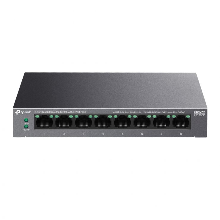 Imagine Switch Gigabit Desktop cu 8 porturi PoE+, TP-LINK LS108GP