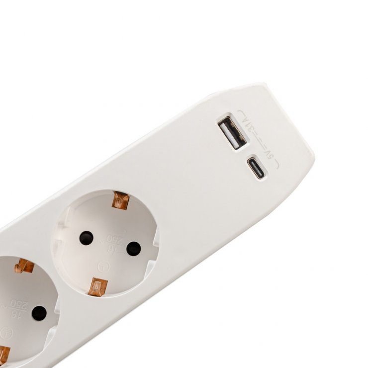 Imagine Prelungitor cu 3 x Schuko + 1 x USB type C + 1 x USB-A 1.8m Alb, Spacer PP-3-18-TC-USB